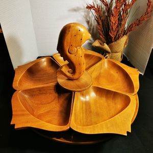 Vintage Wooden Lazy Susan Carved Fish Serving Tray Monkeypod